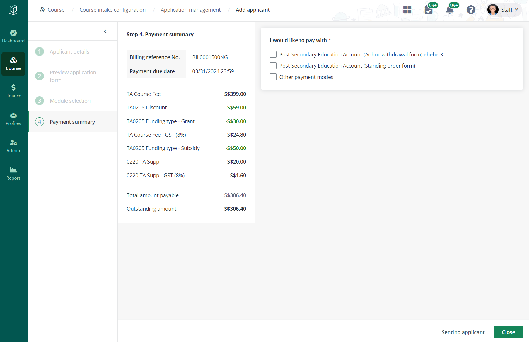 Payment summary.