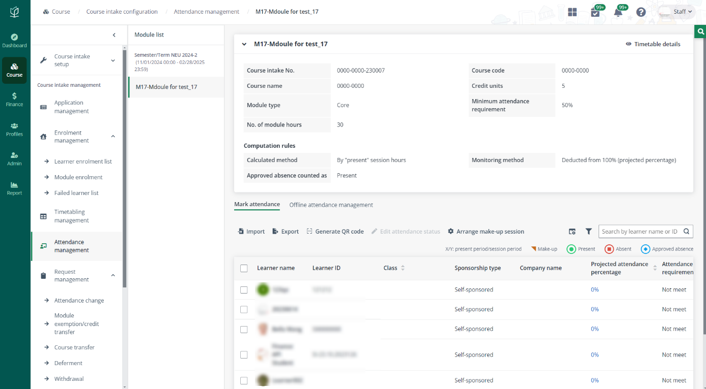The Attendance management page.