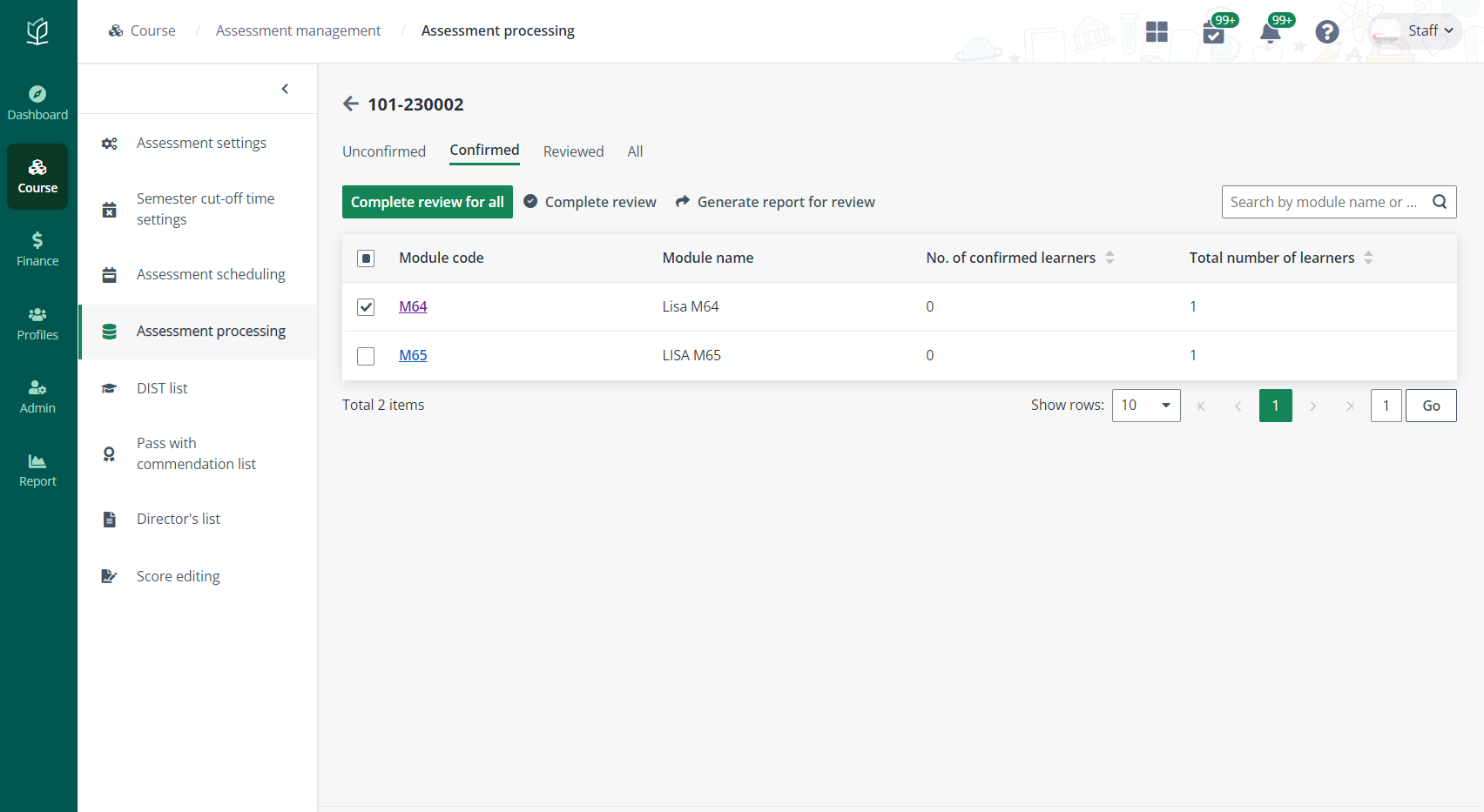 The Assessment processing page.