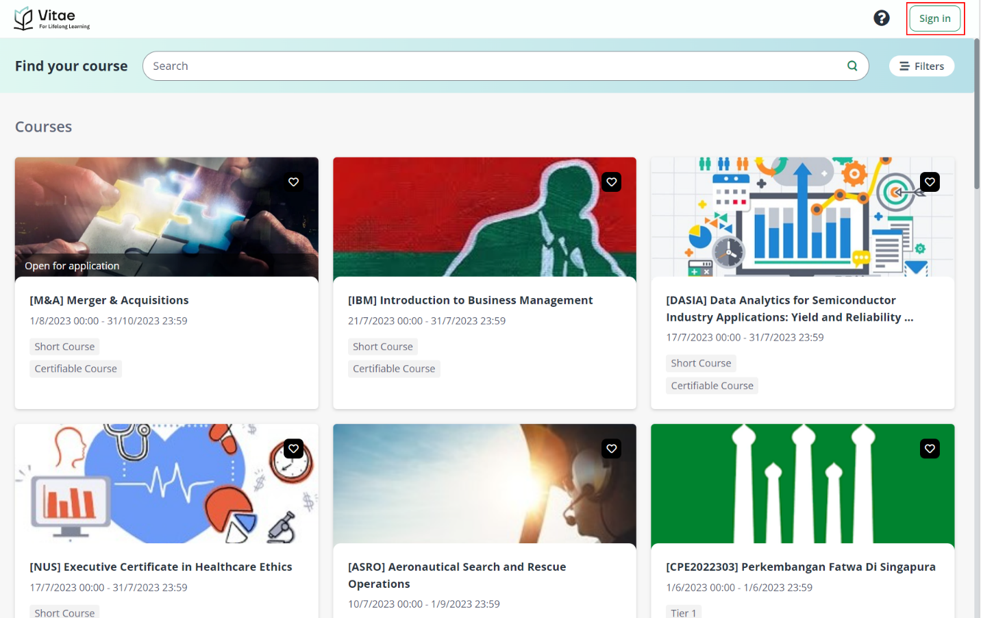 Sign in on the course finder page.