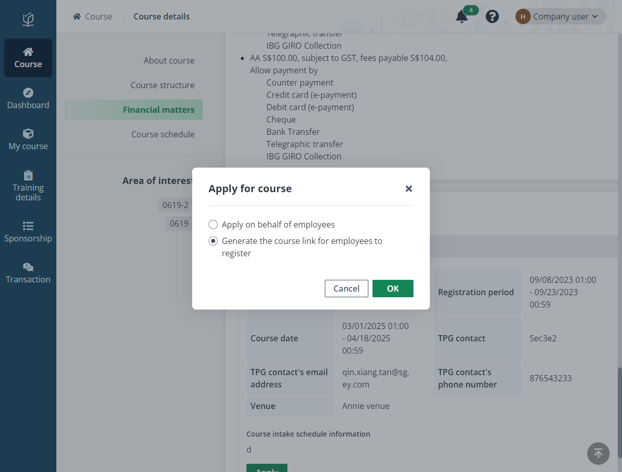 Generate the course link for employees to register