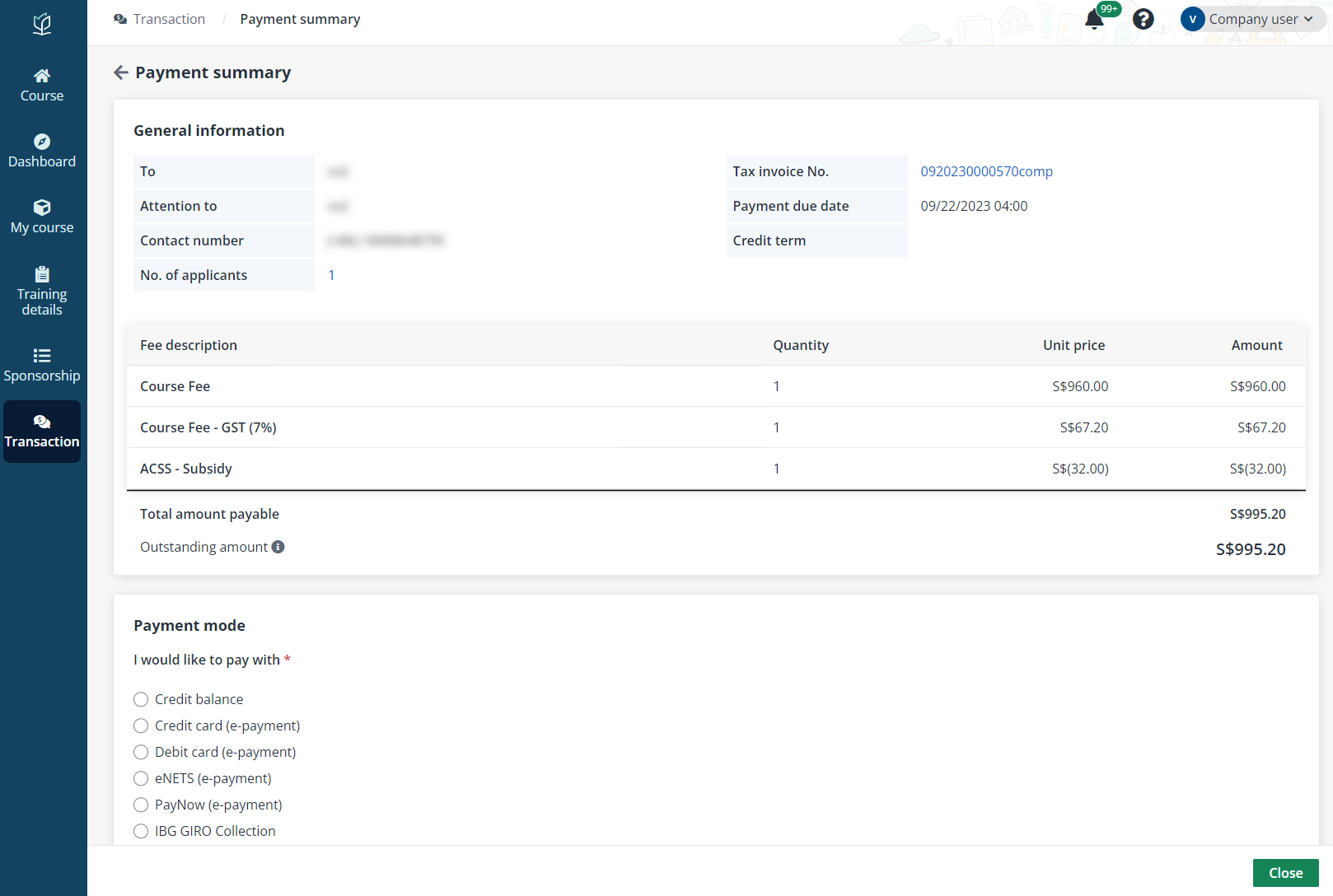 Payment summary.