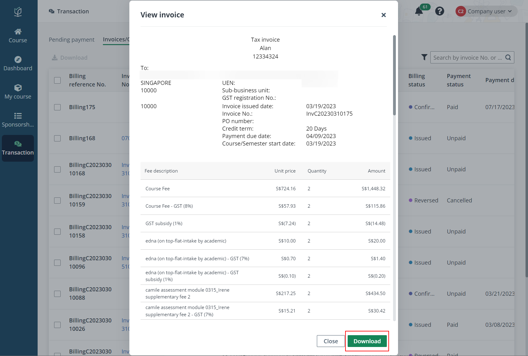 View and download invoice.