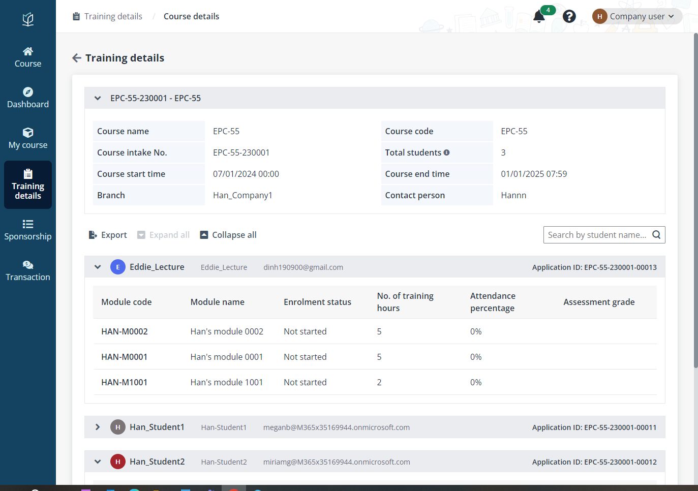 Training details of a specific course