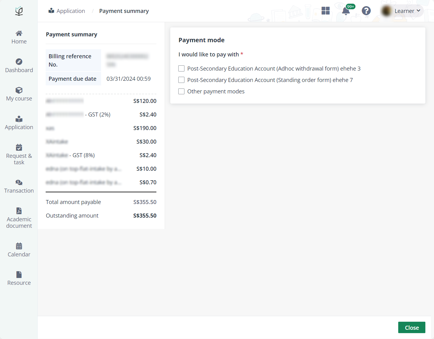 Payment summary.