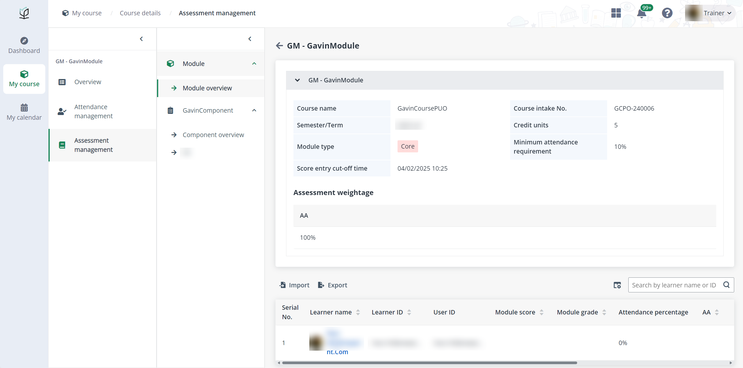 The Assessment management page.