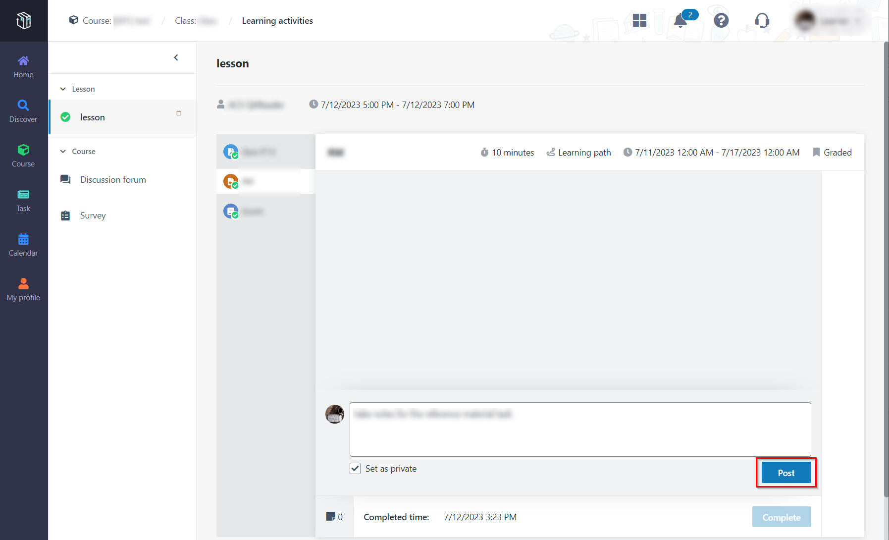 The learning activities page.