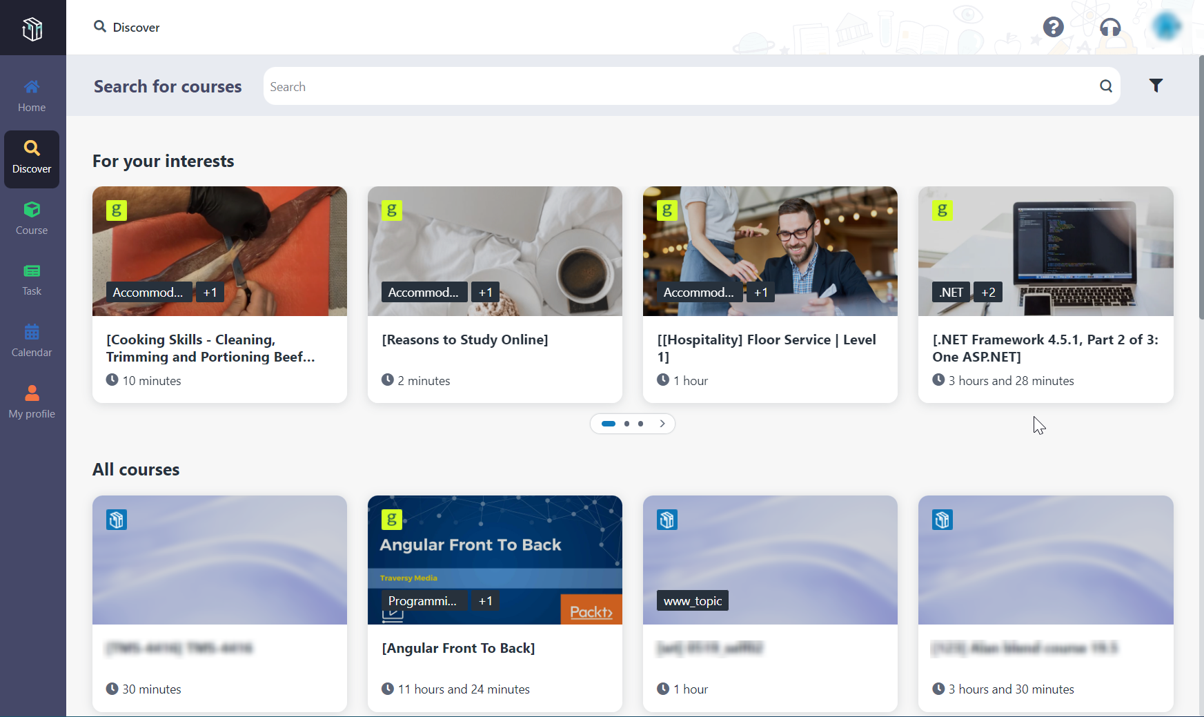 The Discover page for learners.