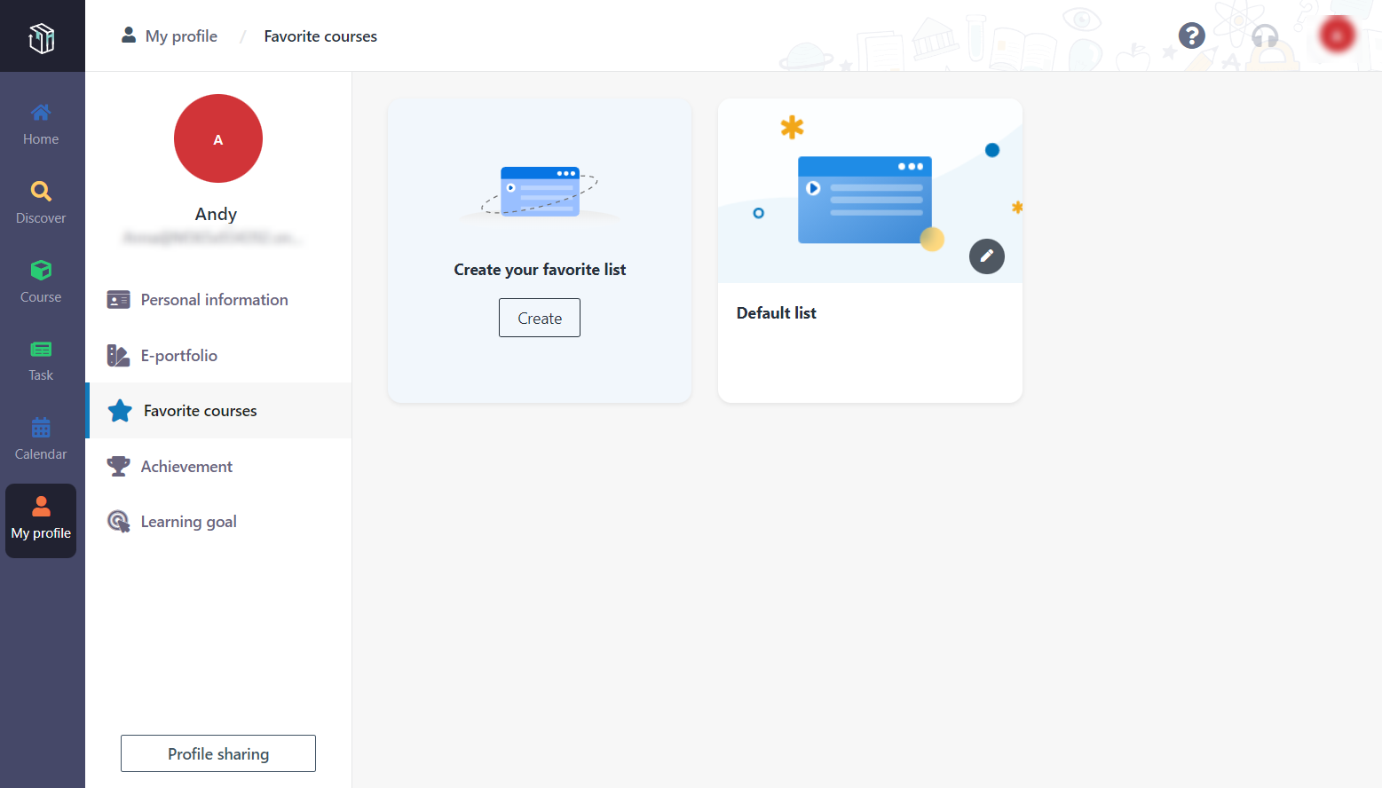 The Favourite courses page.