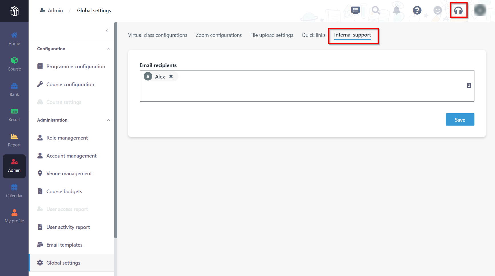 Internal support in Global settings.