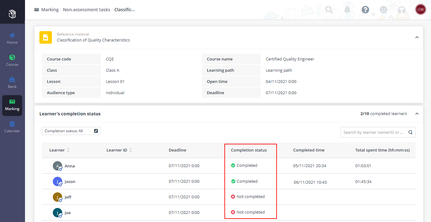 View completion status.