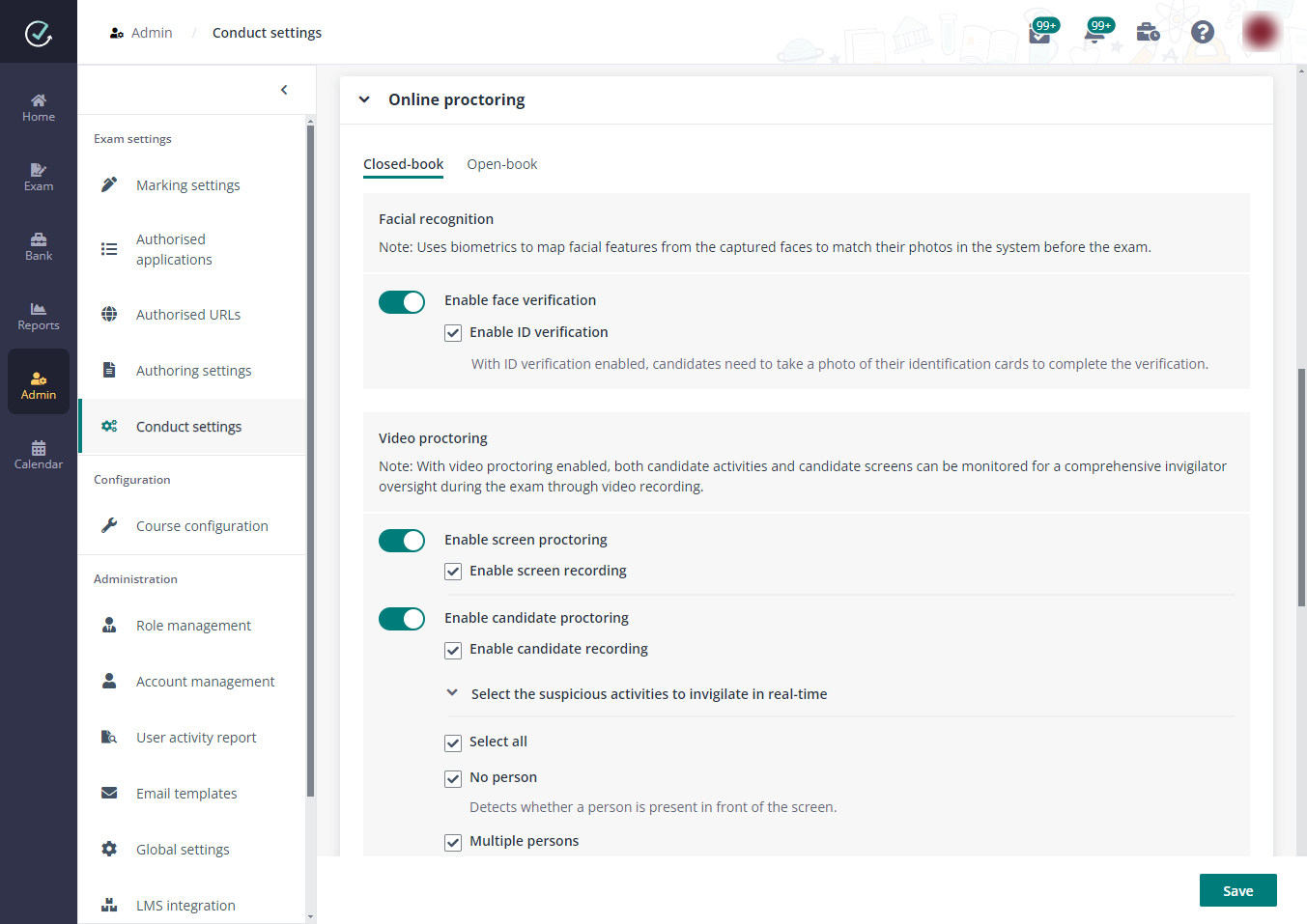 Separate online proctoring settings.