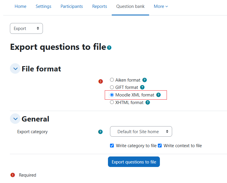 Select the Moodle XML format to export.