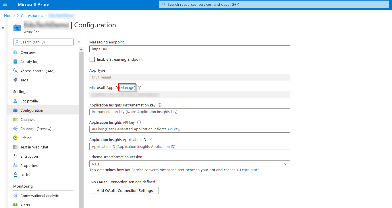 Click Manage next to the Microsoft App ID field.