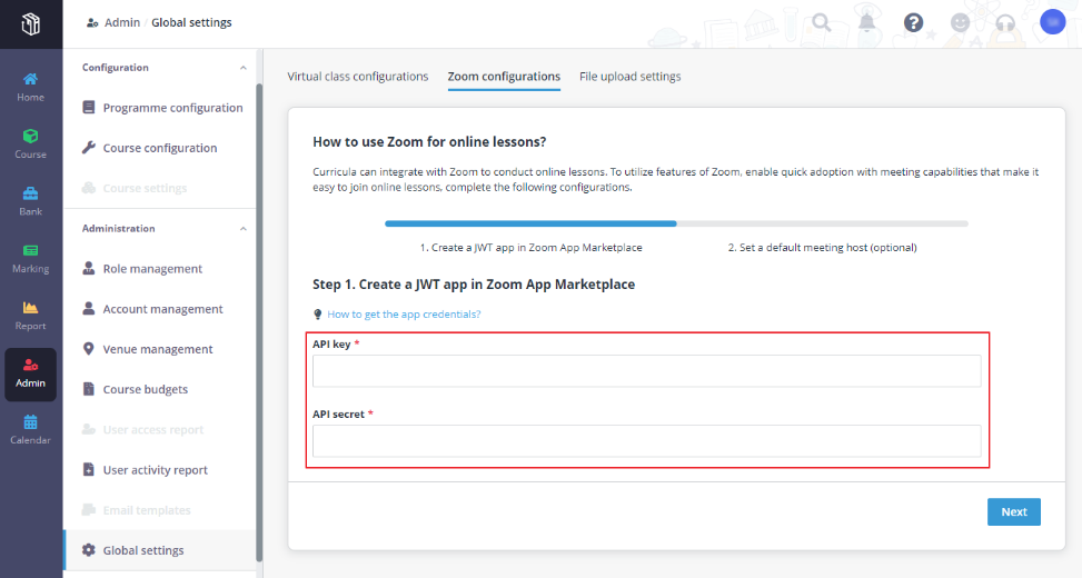 Copy the API key and API secret, and then paste them into the API key and API secret fields.