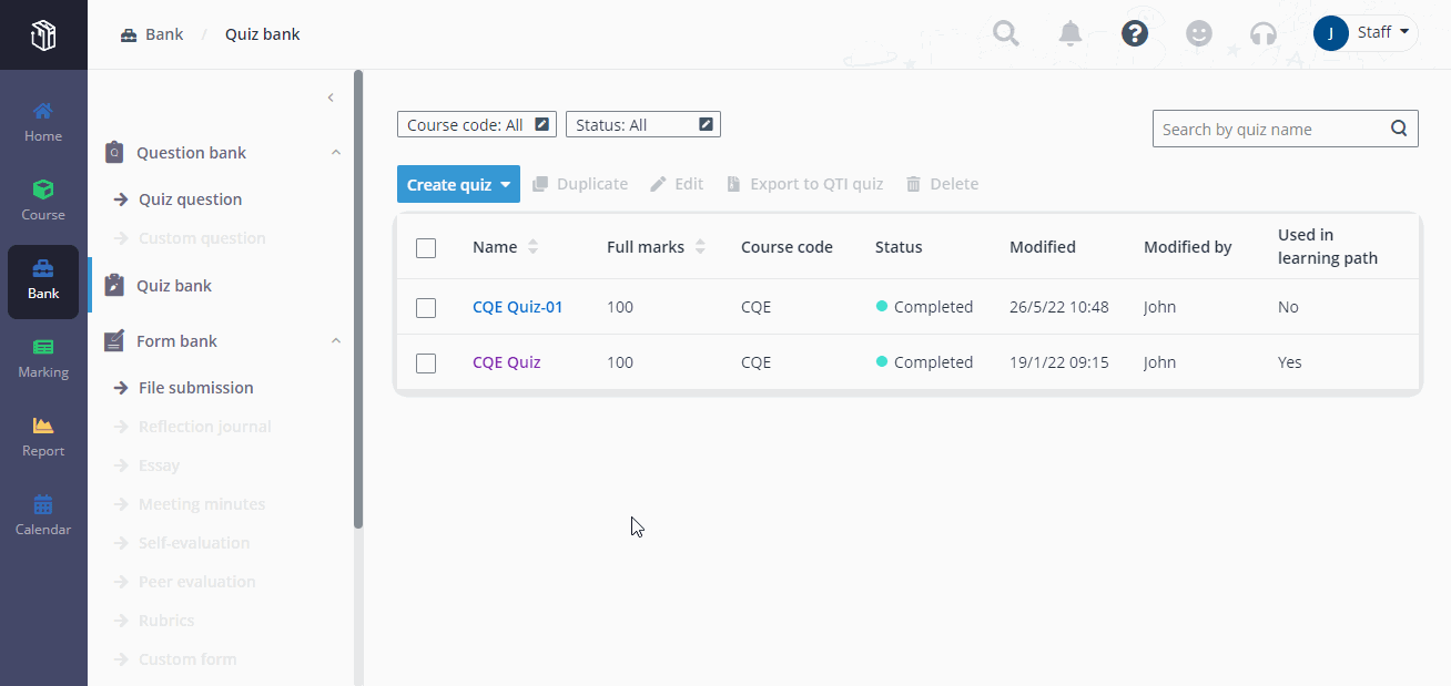 Export a quiz to a QTI package.