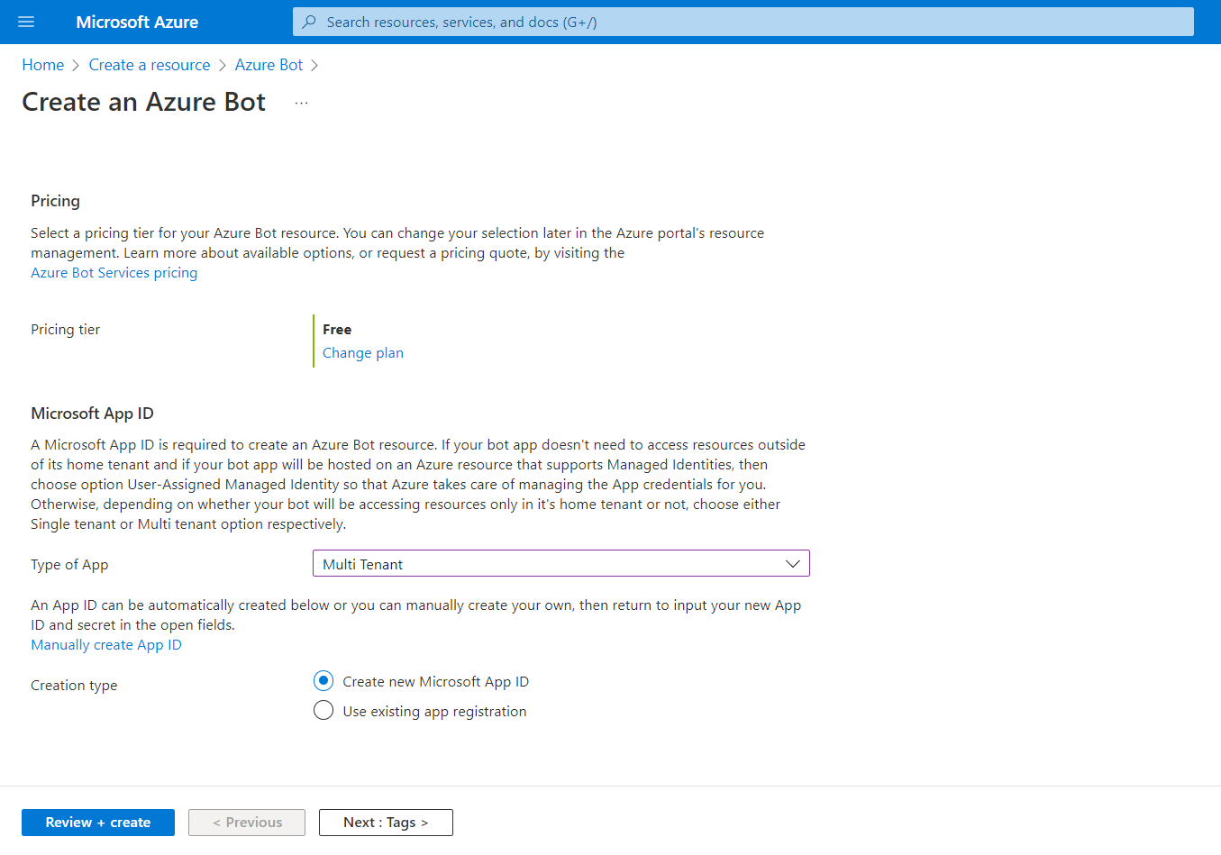 The Create an Azure Bot page.