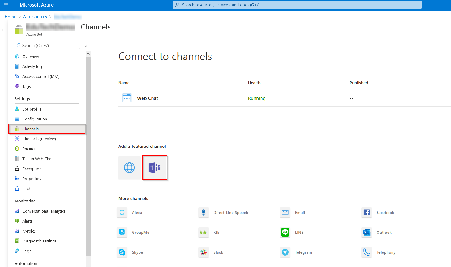 Click Channels in the left menu and click the Microsoft Teams icon.