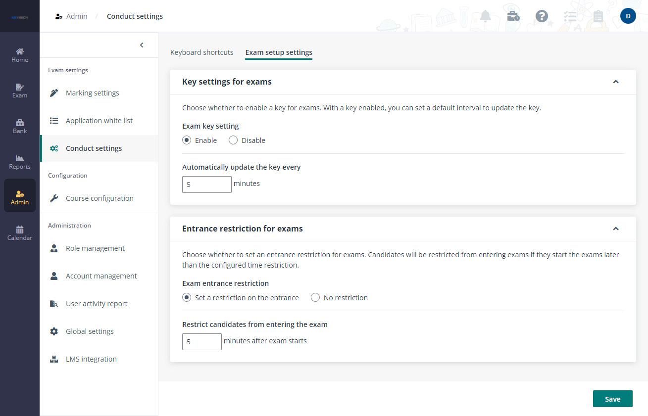 Configure exam setup settings.