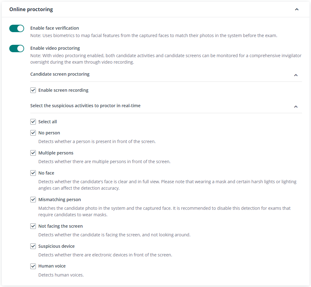 Online proctoring settings.