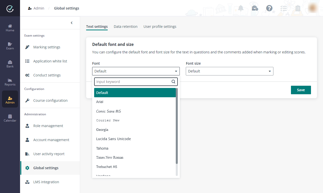 Global settings page.